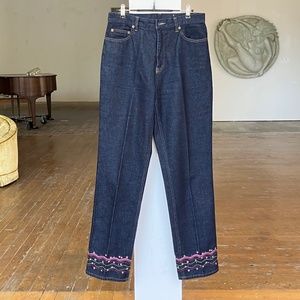 Women Straight Leg Jeans with Pink Embroidered Hem